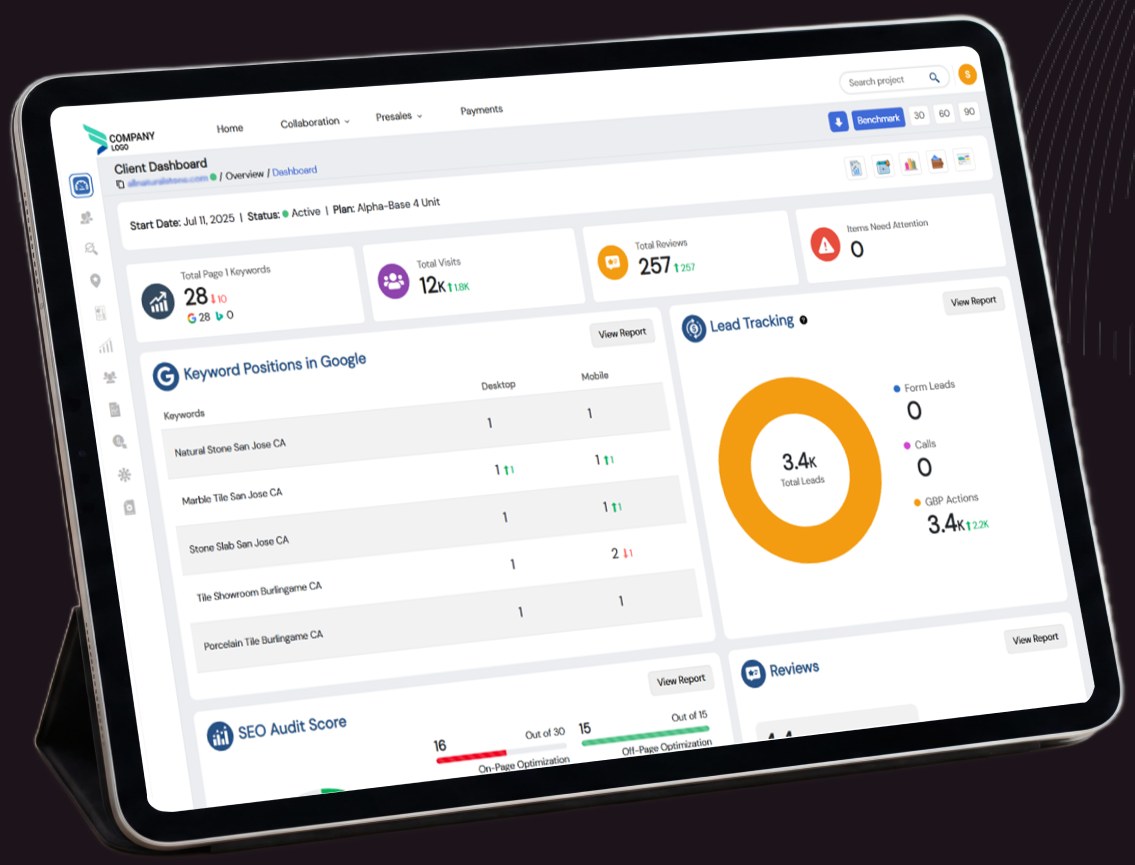 AlphaPros client dashboard on a tablet